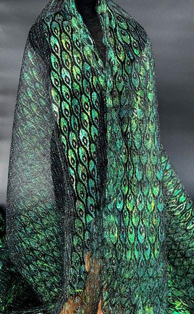 Laser Peacock Feather Mesh Fabric, Colorful See Through Lace
