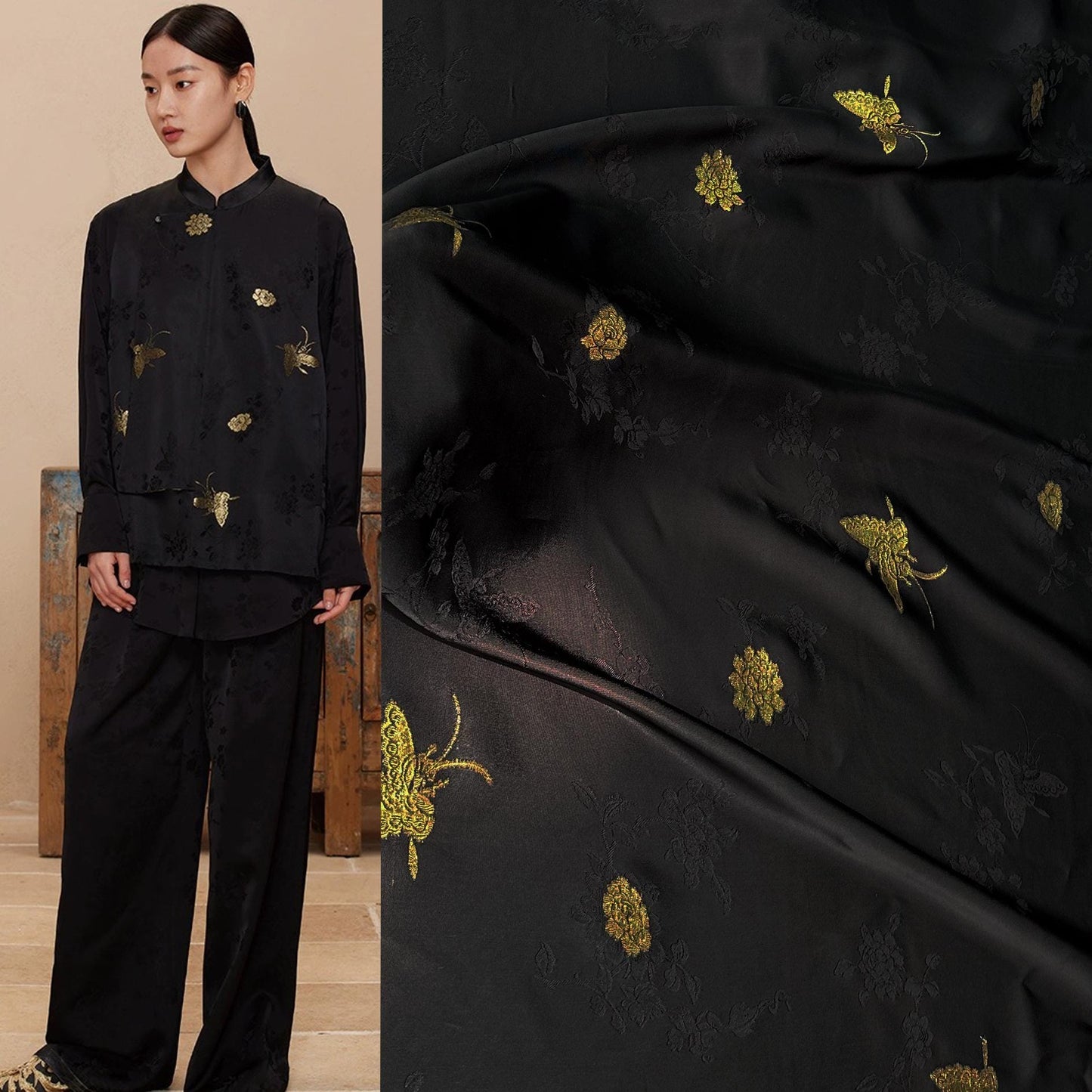 Gold Butterfly Jacquard Damask Fabric: 100% Rayon, 59" Wide