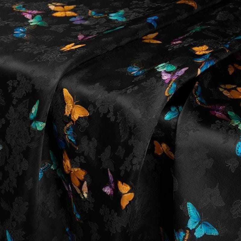 Rayon Shantung Fabric: Black Butterfly Print, Costume, Upholstery, 55"W