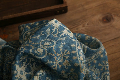 Blue Dunhuang Buddha Flower Ramie Fabric: 57"W Upholstery & Sewing