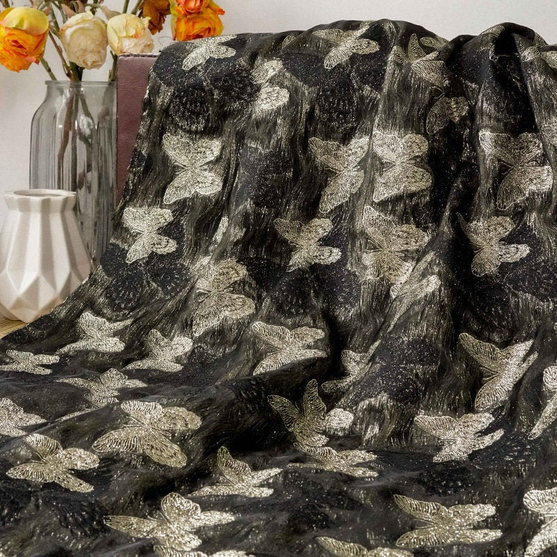 Gold Thread Butterfly Jacquard Fabric: 3D Texture, 56" Wide