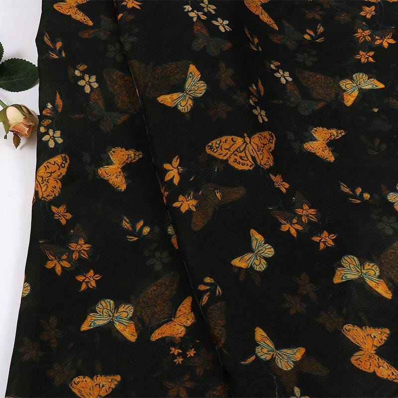 Black Base Butterfly Print Lustrous Rayon Silk Jacquard Fabric - 59" Wide