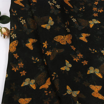 Black Base Butterfly Print Lustrous Rayon Silk Jacquard Fabric - 59" Wide