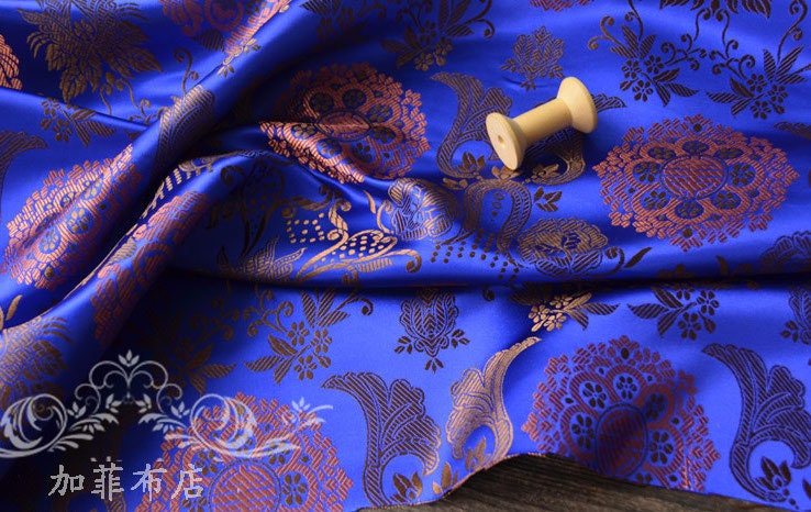 Floral Brocade Fabric: Chinese Fu Shou Style, 35" Wide, Costume Sewing