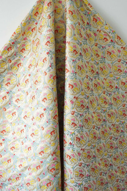 Oriental Medallion Jacquard Fabric, Gold Thread Chinese Textile, 59"W