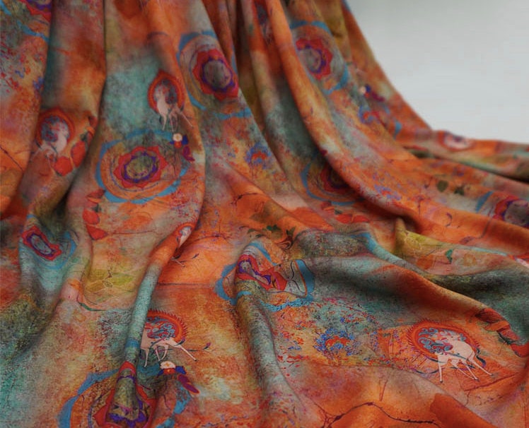 Nine-Color Deer Cotton Fabric: Dunhuang Style Upholstery, Costume, Scarf (57"W)