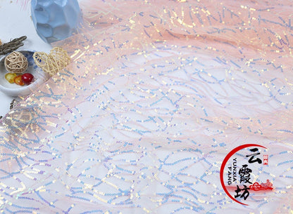 Sequin Mermaid Fabric: 3MM Embroidery on Mesh, 59" Wide