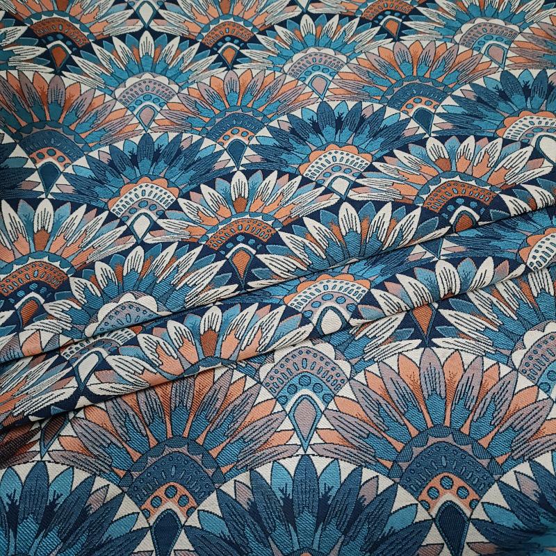 Bohemian Jacquard Woven Fabric: Blue & Orange Embossed Upholstery - 55"W