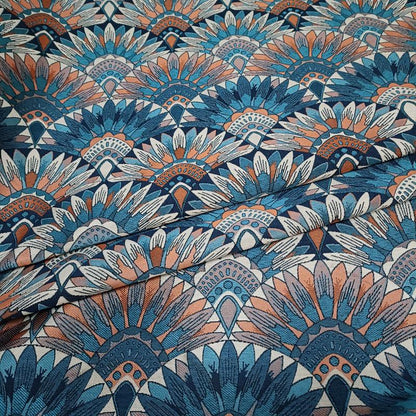 Bohemian Jacquard Woven Fabric: Blue & Orange Embossed Upholstery - 55"W