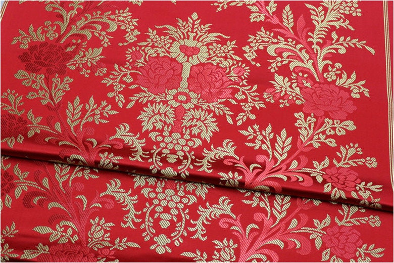 Red and Gold Peony Silk Brocade Fabric: 29.5"W Wedding Upholstery