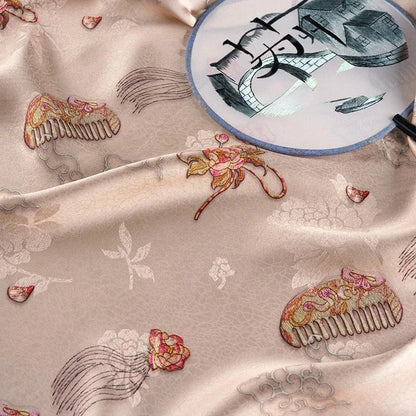 Lotus Tea Silk Satin Fabric: Japanese Pattern Upholstery, Costume, Decor (58"W)