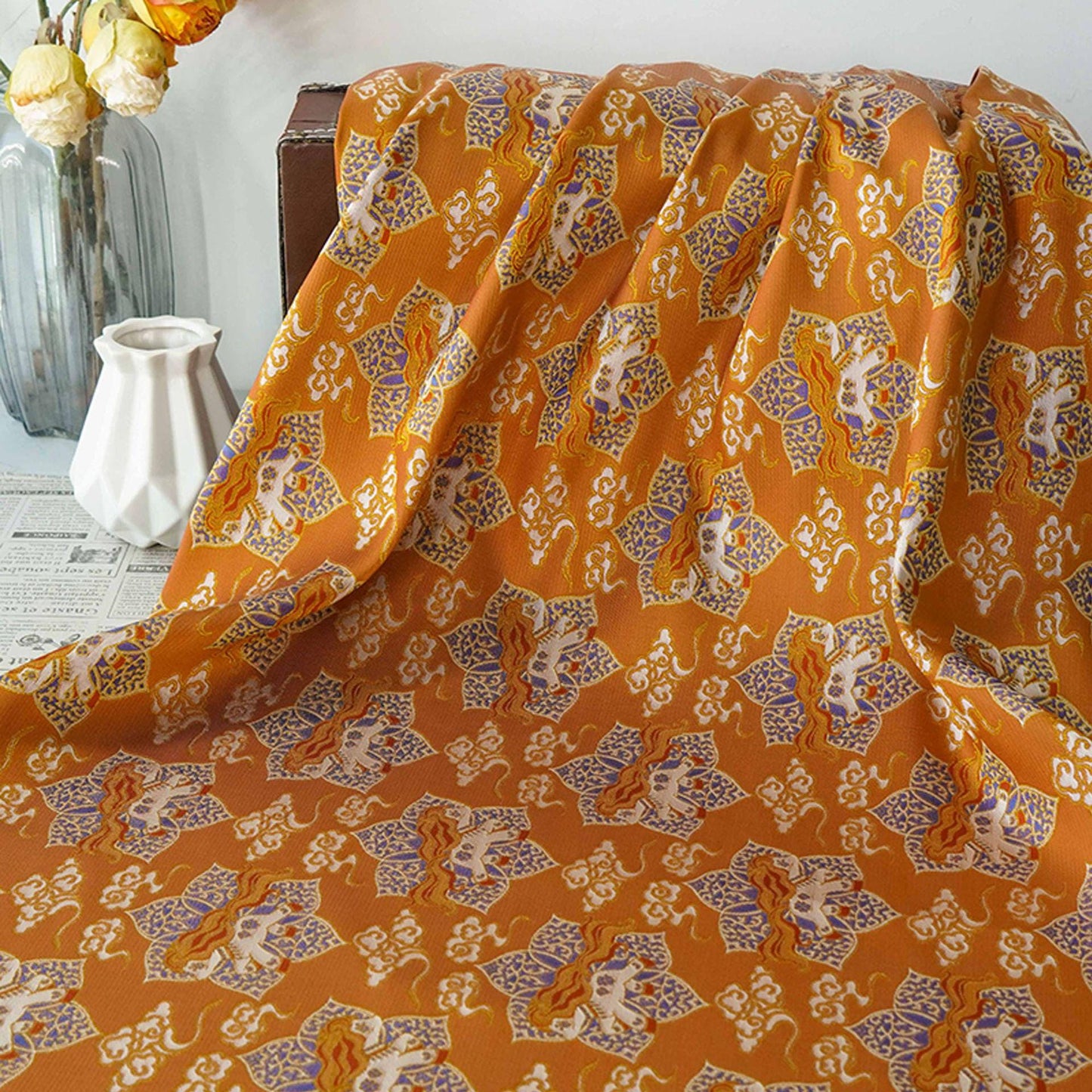 Tissu brocart Song avec jacquard à fils d'or | Brocart de soie chinois de luxe | Tissu à motif impérial traditionnel, 150 cm de large