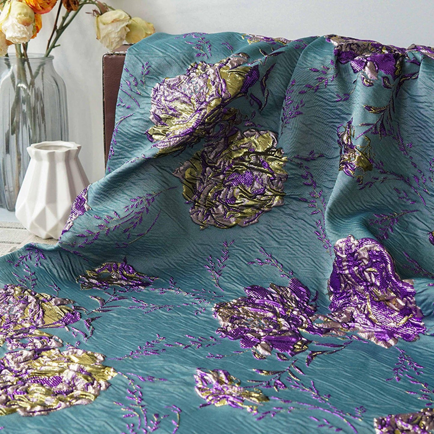 Gold Thread Jacquard Fabric: 3D Designer Prom Fabric, 63" Wide