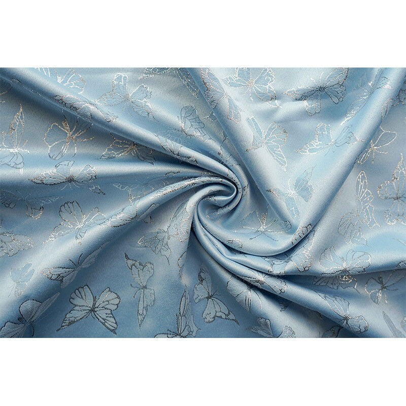 Blue Butterfly Jacquard Fabric: Silver Thread Rayon, 59" Wide
