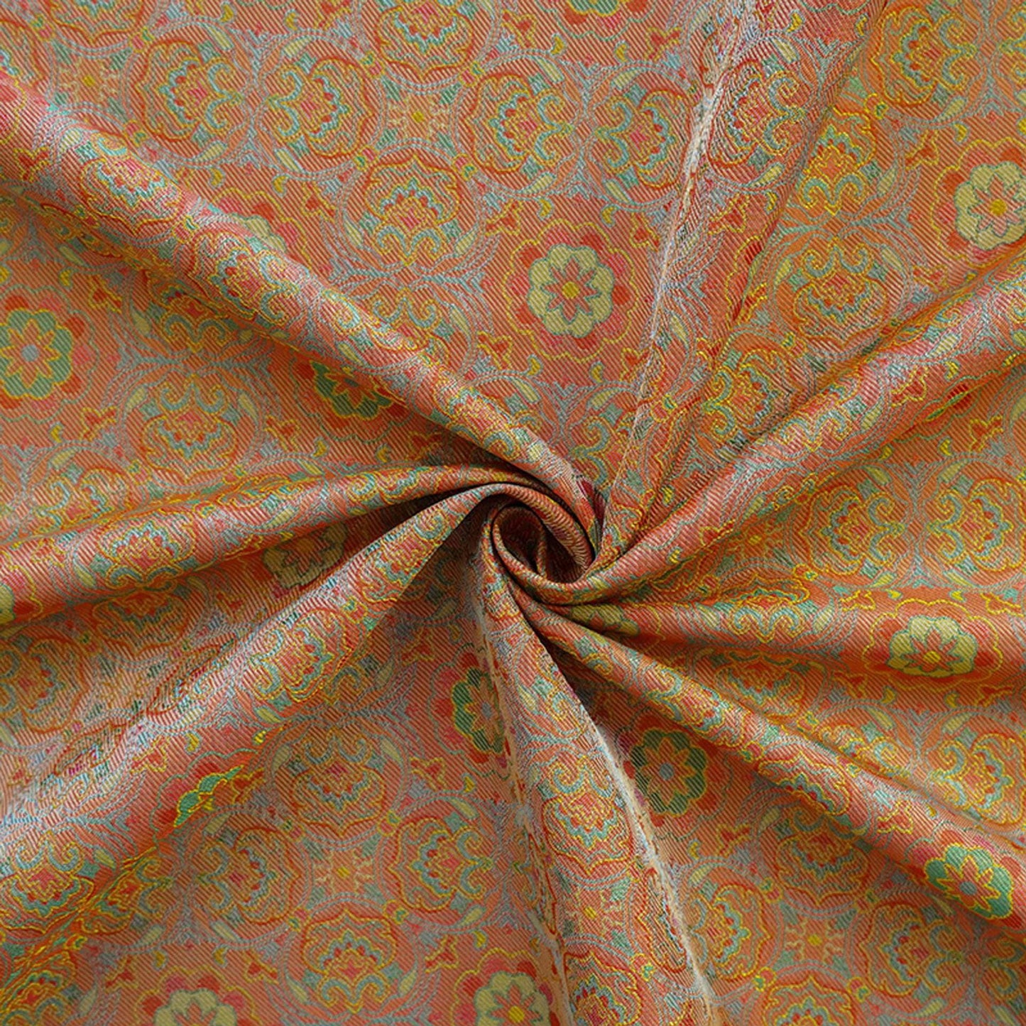 Tissu jacquard à médaillon vintage orange : fil teint à volutes arabesques, largeur 150 cm