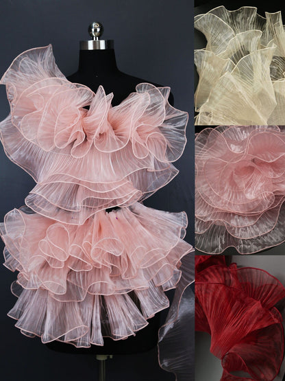 Pleated Ruffle Organza Fabric: 3D Folds, Stiff Texture, 15cm Wide