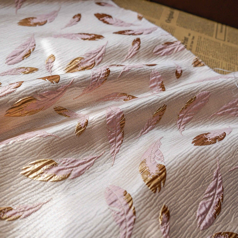 Gold Thread Jacquard Fabric: 3D Feather Design, 56" Wide