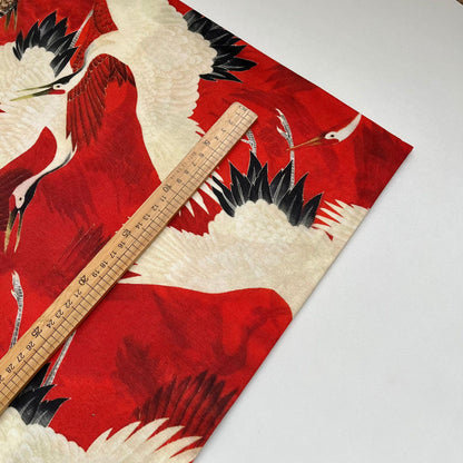 Crane Print Cotton Fabric: Red & White Textile, 59" Wide