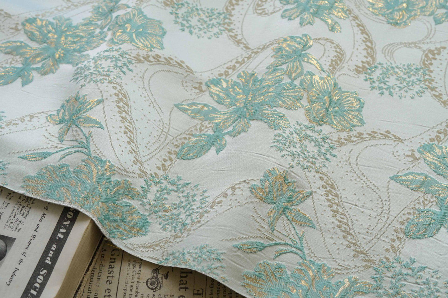 Metallic Brocade Fabric: 58"W Damask Jacquard with Gold Thread