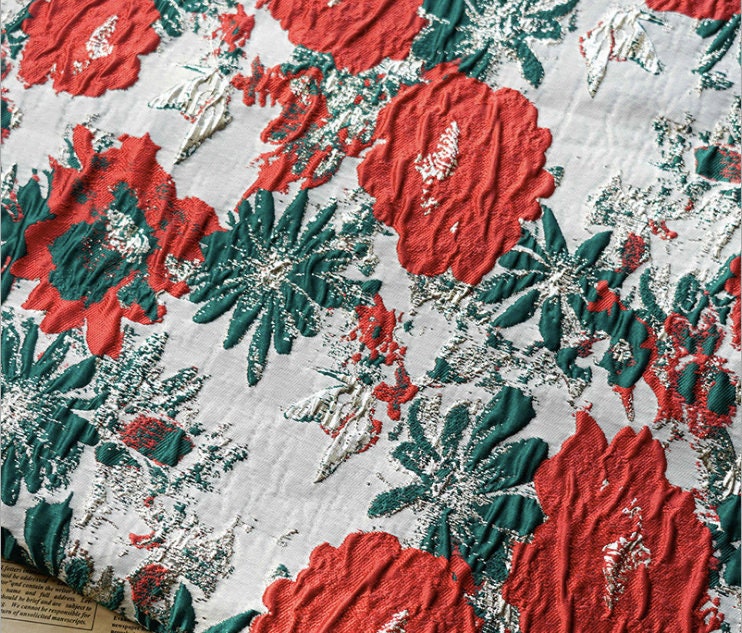 Dahlia Jacquard Fabric: 3D Oil Painting Texture, Gold Thread (56" W By 1 Meter)