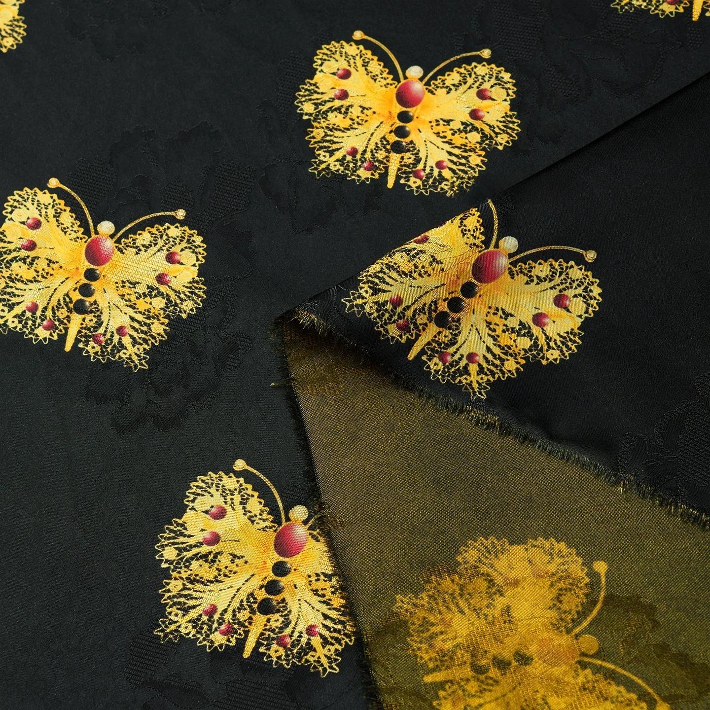 Black & Gold Butterfly Silk Jacquard Fabric: Cheongsam Hanfu Material