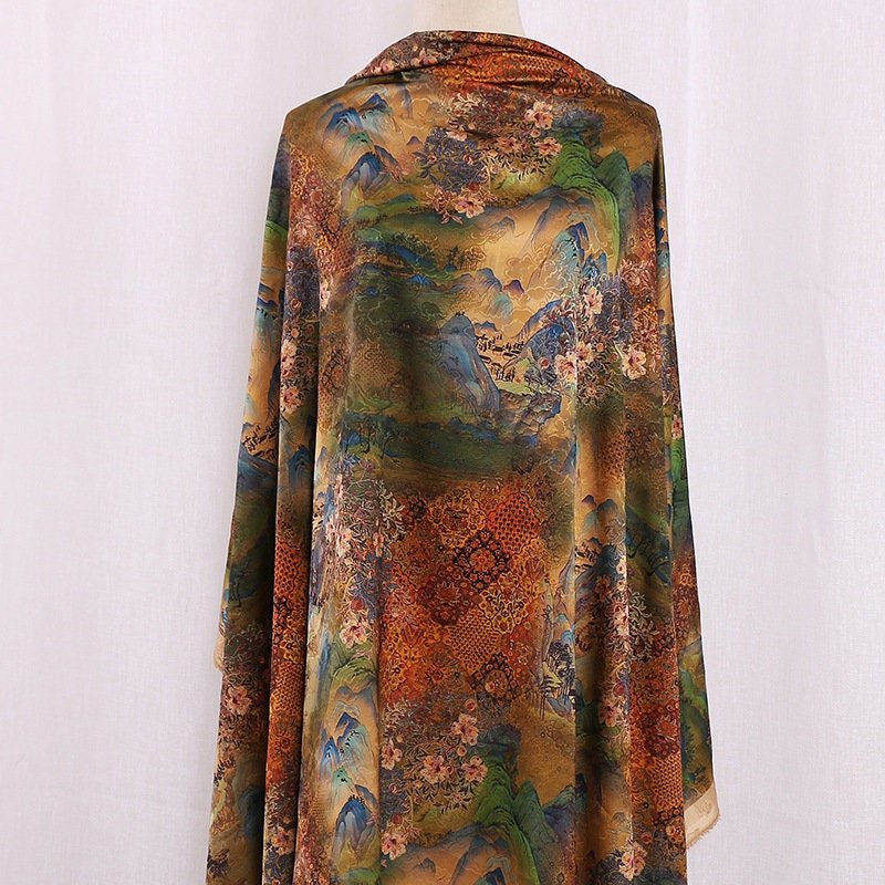 Tang Dynasty Painting Silk Fabric: 59"W Satin Upholstery, Costume, Decor - Poppylollipop