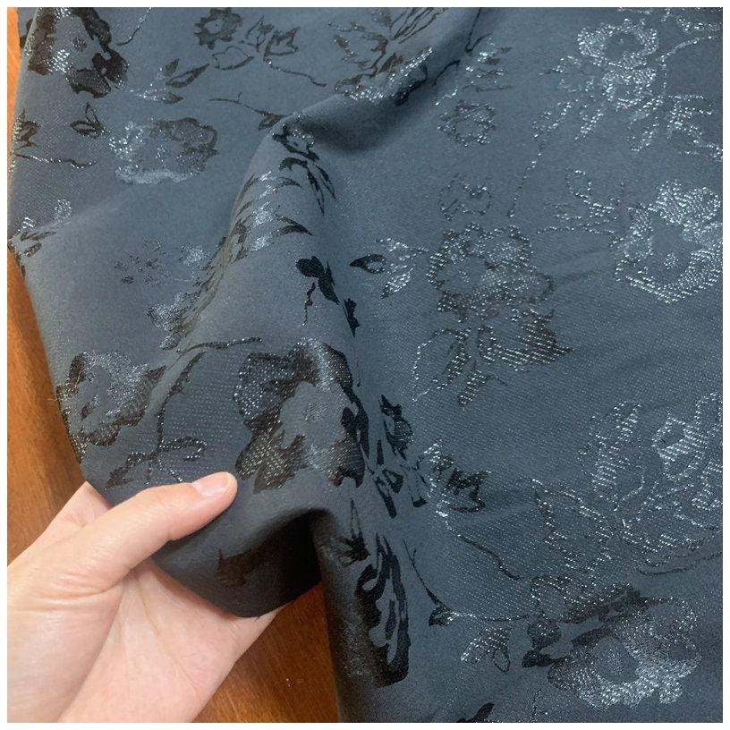 Black Floral Jacquard Fabric: Silk Cotton Blend, 57" Wide, Costume Fabric