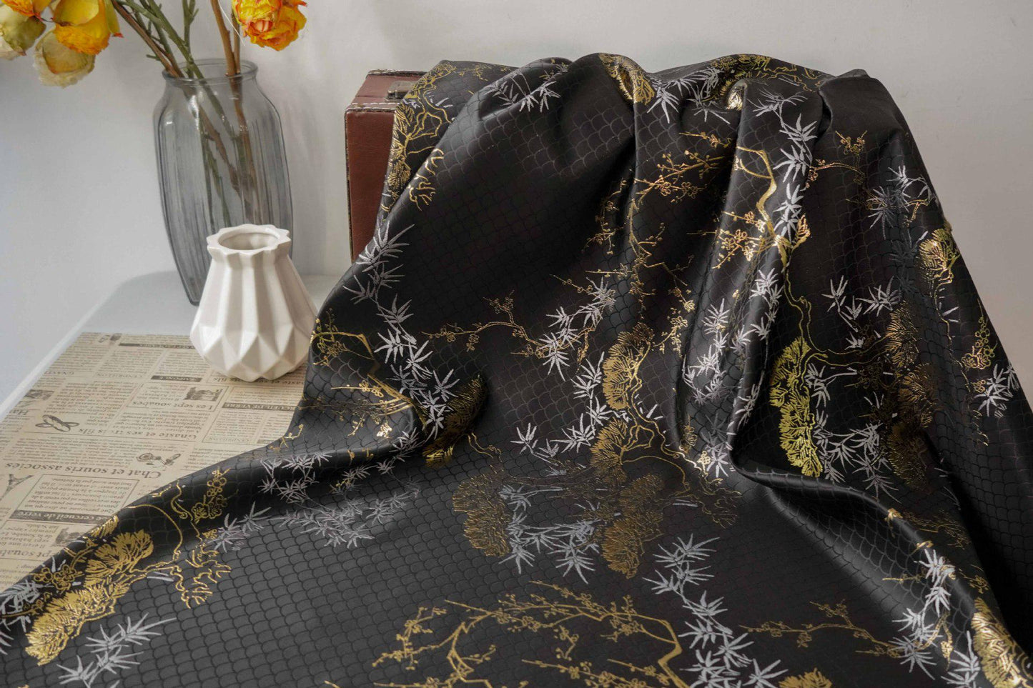 Japanese Kirin Nishijin Brocade Fabric: Black Upholstery, Costume, Decor (65" Wide)
