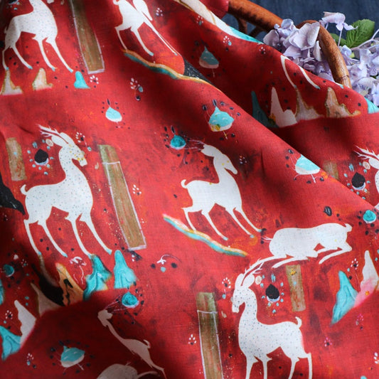 Nine-Color Deer Print Ramie Fabric: Dunhuang Style, 57"W
