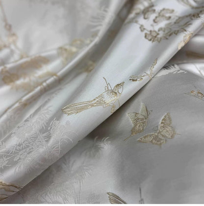 Silk Brocade Fabric: 59"W Magpie Bamboo Print