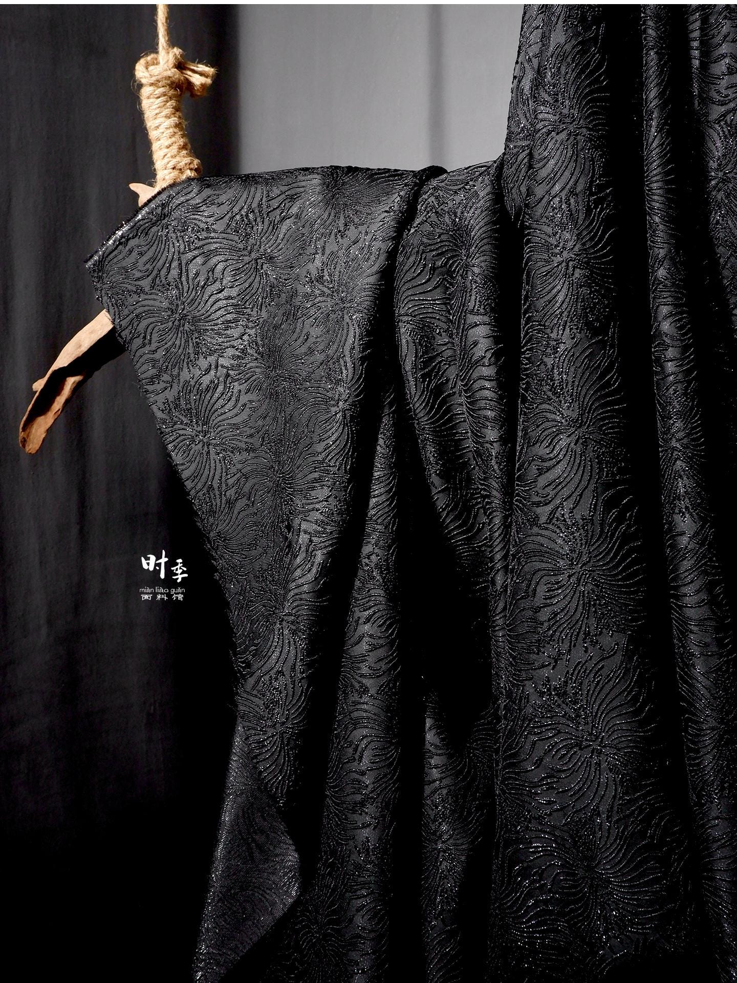 Black Spider Lily Jacquard Fabric | Embossed 3D Floral Brocade, 52" Wide