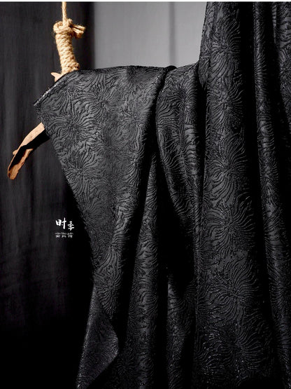 Black Spider Lily Jacquard Fabric | Embossed 3D Floral Brocade, 52" Wide
