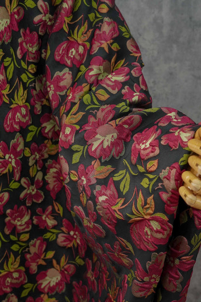 Embossed Floral Jacquard Fabric ��� Black & Pi" Wide