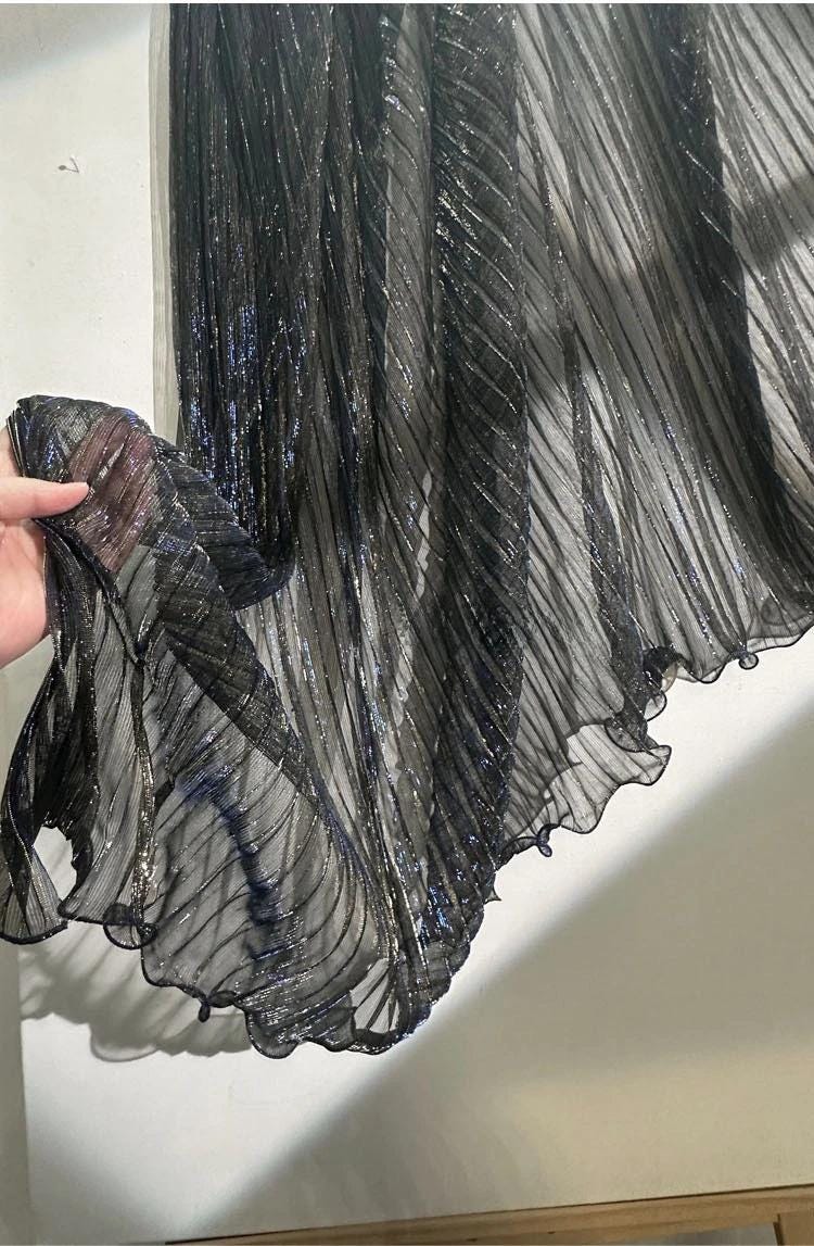 Blue Gold Glitter Pleated Organza Mesh Fabric, 59"W, Shiny Sheer