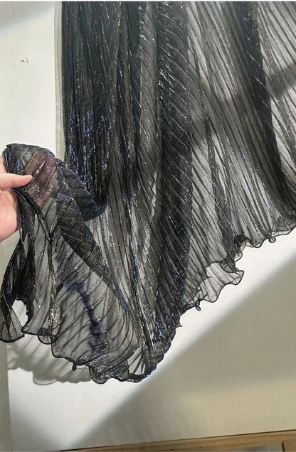 Blue Gold Glitter Pleated Organza Mesh Fabric, 59"W, Shiny Sheer