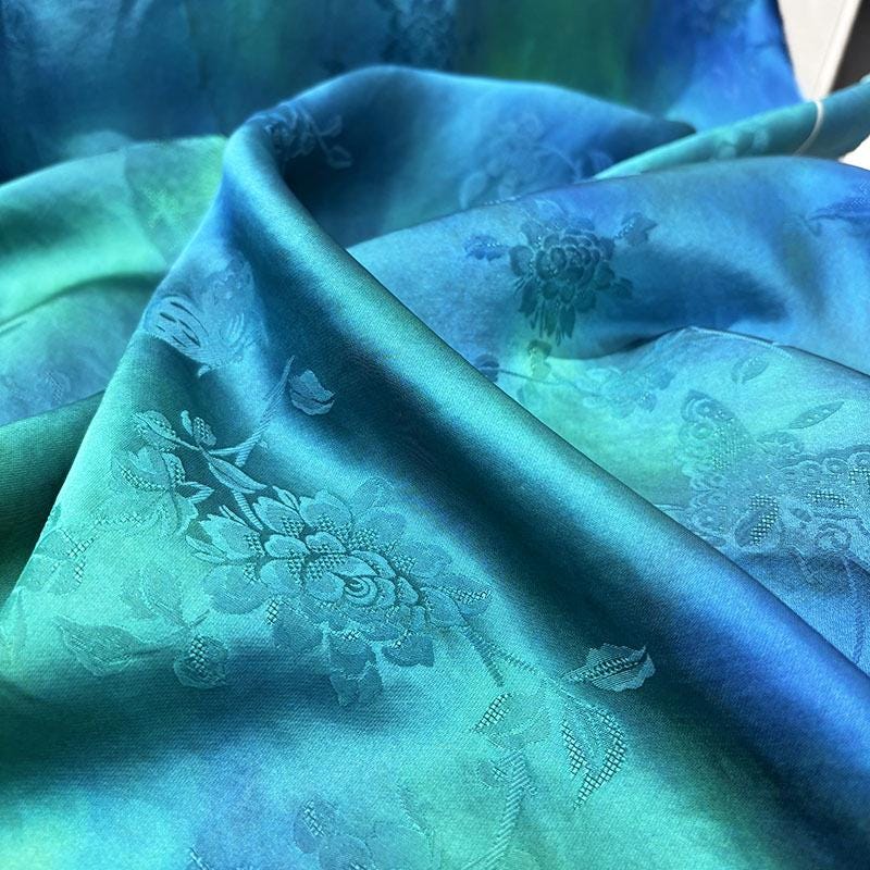 Teal & Blue Floral Mulberry Silk Fabric: 55"W Digital Print