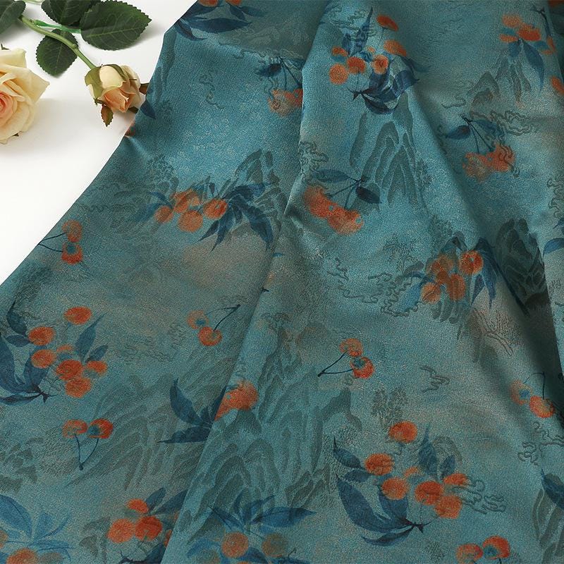 Thousand Miles Rivers Mountains Tea Silk Satin Fabric: 59"W Upholstery, Costume, Drapery