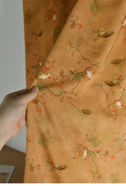 Tissu en coton à motif floral : style peinture à l’encre de Chine, 140 cm de large