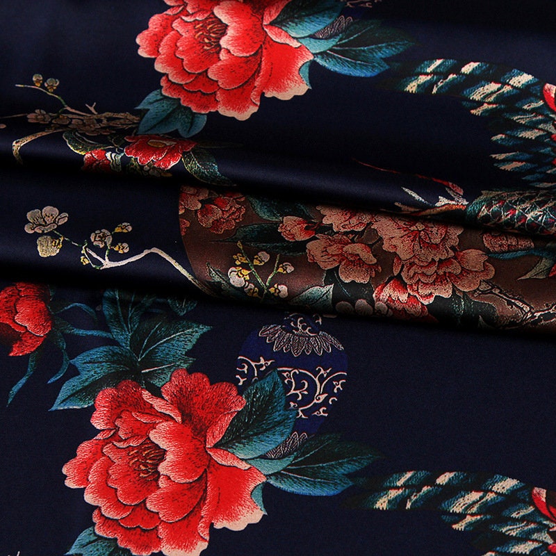 Floral Bird Print Satin Fabric: Gambiered Canton Gauze, 59"W