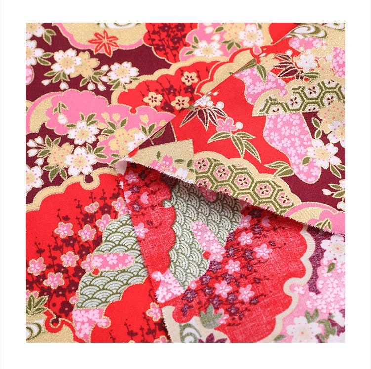 Tissu imprimé de fleurs japonaises : mélange coton-élasthanne, tissu pour la confection de kimonos
