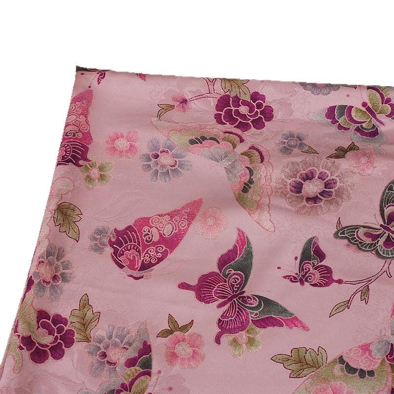Floral Butterfly Print Fabric: Gambiered Canton Gauze Tea Silk, pink, orange, purple