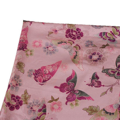 Floral Butterfly Print Fabric: Gambiered Canton Gauze Tea Silk, pink, orange, purple