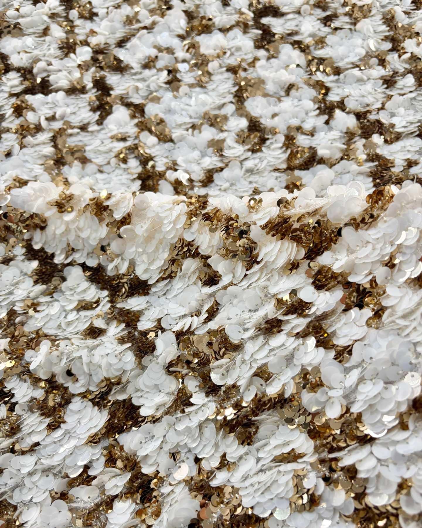 Cream Gold Sequin Layered Embroidered Chiffon Fabric ��� Wedding Dress & Gown Embroidery Materi"Wide