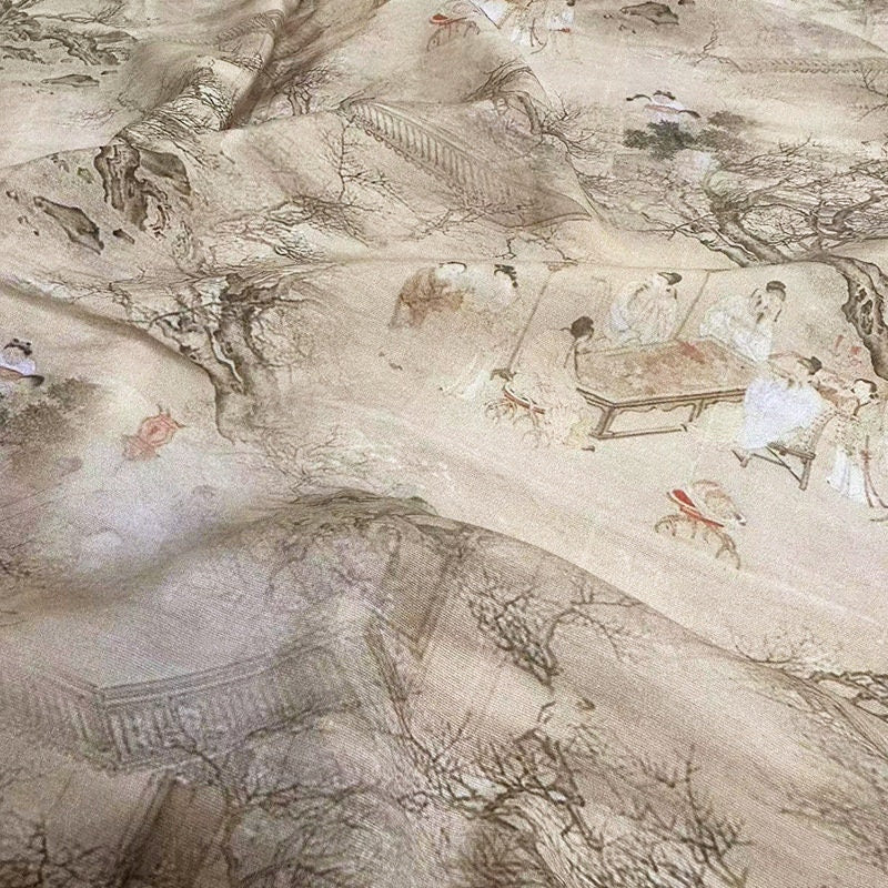 Tencel Ramie Fabric: Ancient Ladies Print, Sewing Material by Meter
