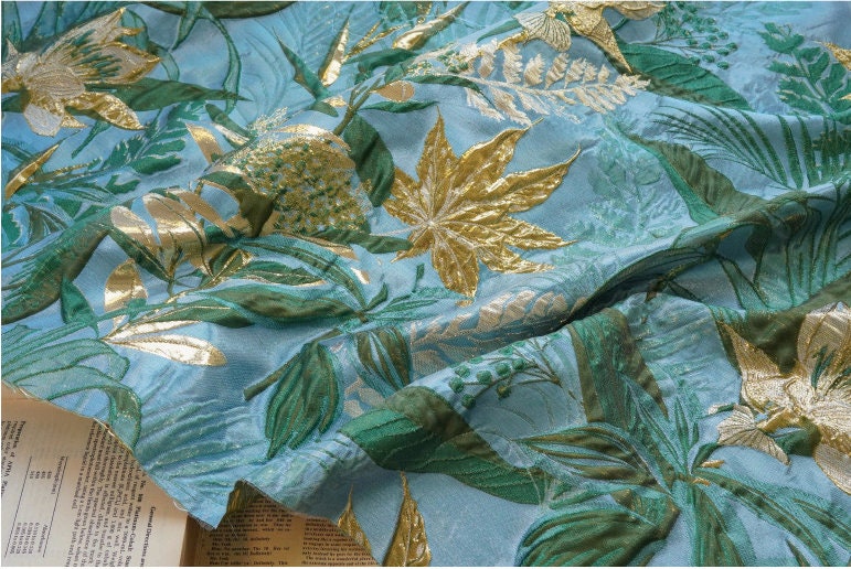 Gold Thread Jacquard Fabric: 3D Floral Designer Fabric