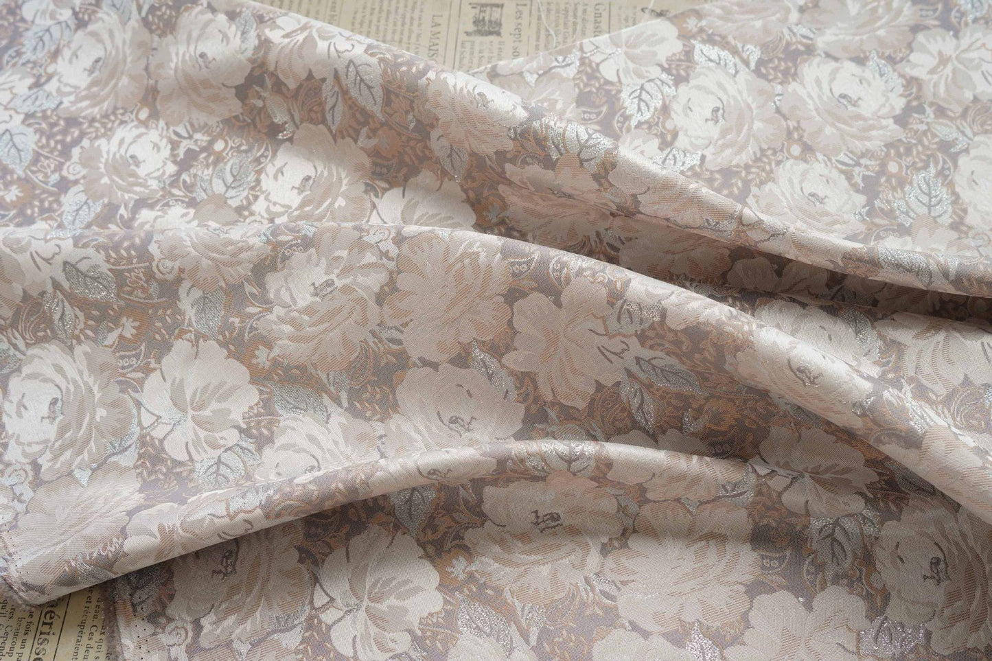 Embroidered Jacquard Fabric: Silver Thread Floral Design, Upholstery & Costume - By the Meter