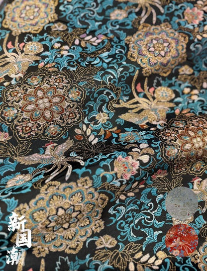 Tissu brocart pivoine phénix - Satin style chinois, 142 cm de large