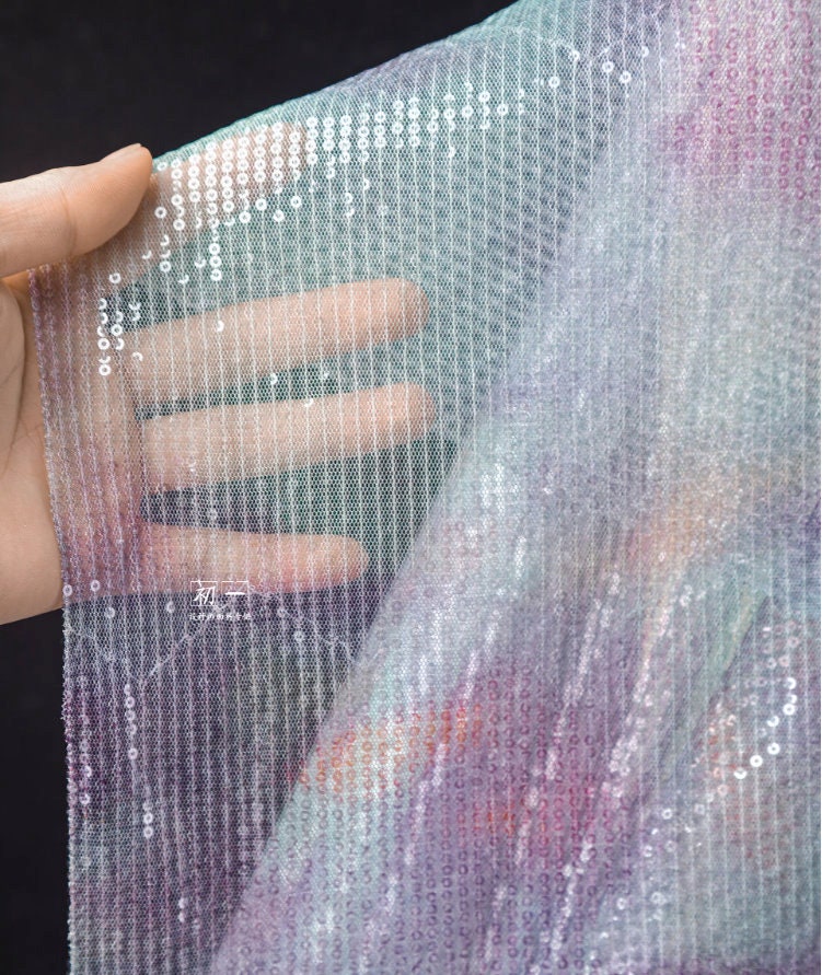 Lilac Green Sequin Mesh Fabric, Embroidered Scale Design, 49"W