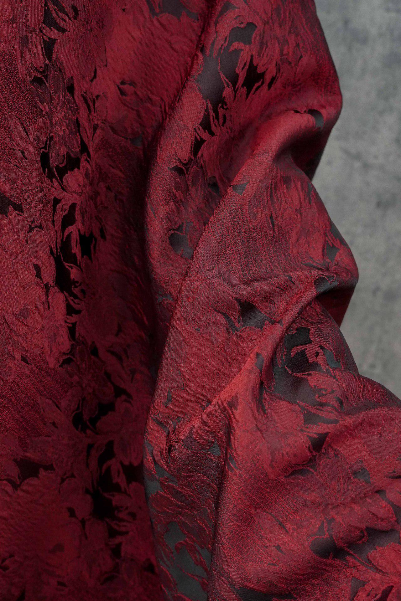 Luxurious Vintage Dark Red 3D Floral Woven Jacquard Fabric, 58"Wide