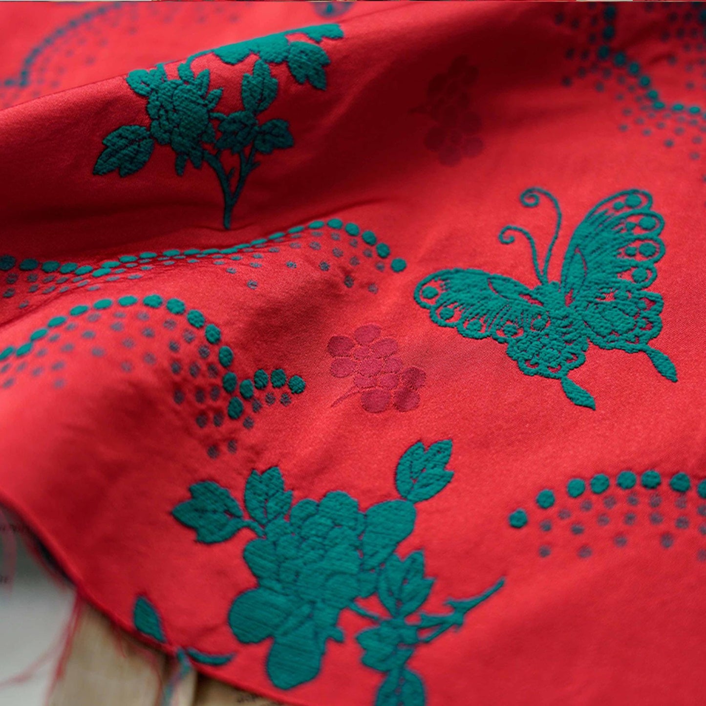 Butterfly Flower Chenille Jacquard Fabric: Red & Green Upholstery, Quilting (By The Meter)